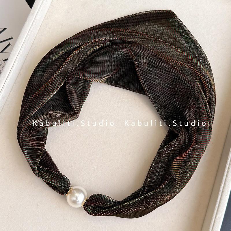 Magnetic Clasp Pearl Necklace Scarf Women Wine Red Triangle Silk Wrap Lightweight Neck Gaiter Shirt Styling