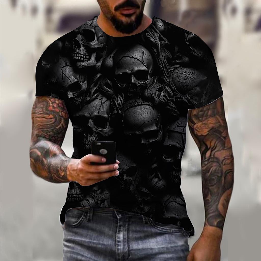 Summer Round Neck 3D Horror Skull Print Top Fashionable Casual Short Sleeved Men's T-shirts