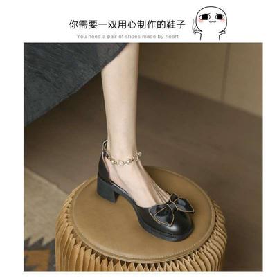 Туфли Мэри Джейн с бантом, французский толстый каблук, новые босоножки на высоком каблуке, женские, для улицы, темпераментные, нежные, с закрытым носком, женские