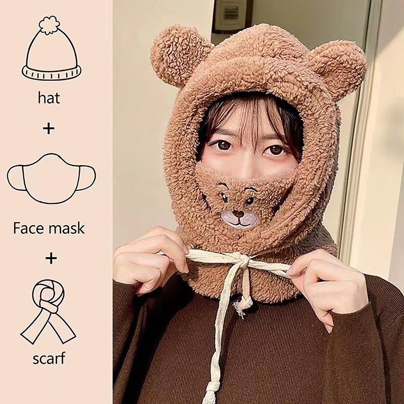 Women Cute Bear Ear Beanies Hat Kawaii Winter Warm Thick Fleece Bobble Hat Fluffy Fuzzy Hats Scarf Caps