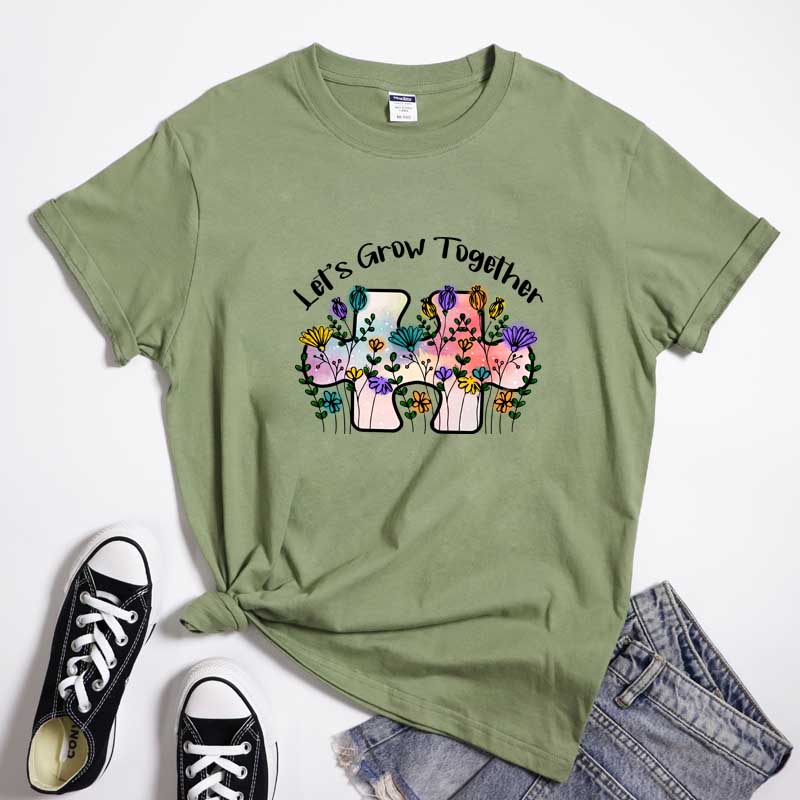Lets Grow Together Floral Tshirt Boho Unisex Wildflower Positive Tshirt Vintage Autism Awareness Puzzle Piece Tee Shirt Top
