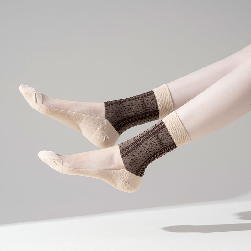 5 Pairs of Women's Cotton Bottom Crystal Silk Middle Tube Thin Cut Hollow Black Versatile Long Tube Stockings