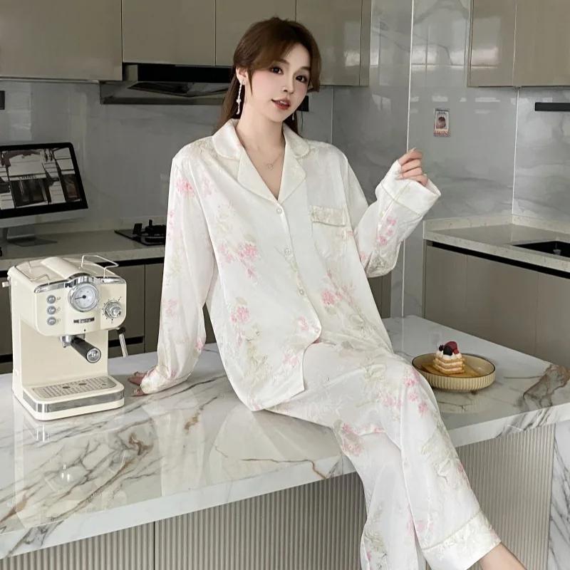 Весенние и осенние пижамы женские с цветочным принтом новые домашние костюмы с длинными рукавами из ледяного шелка роскошная домашняя одежда