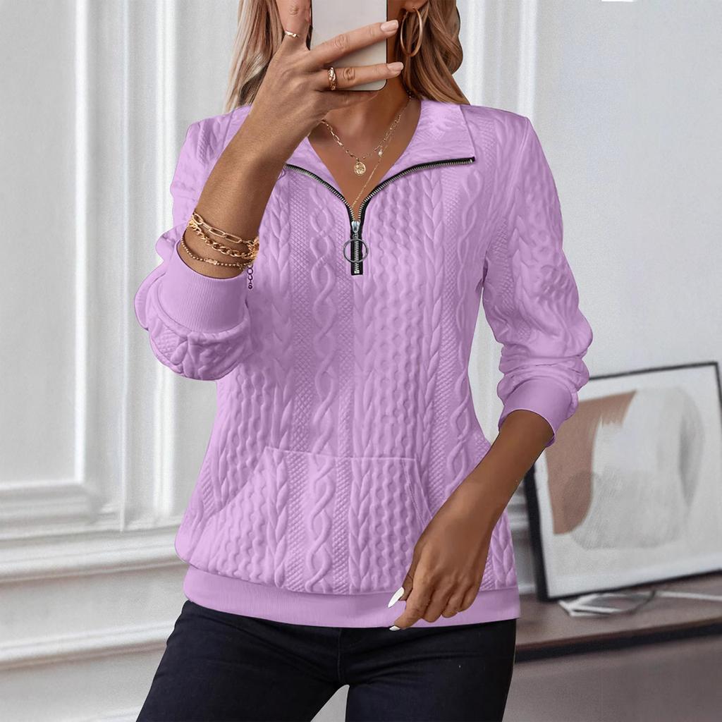 Women's Fashion Long Sleeve Solid Color Casual Collared Zipper Long Sleeve Pocket Sweatshirt