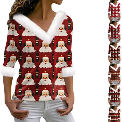 Женская футболка с рождественским принтом, длинный рукав, флисовый воротник, V-образный вырез, футболка
