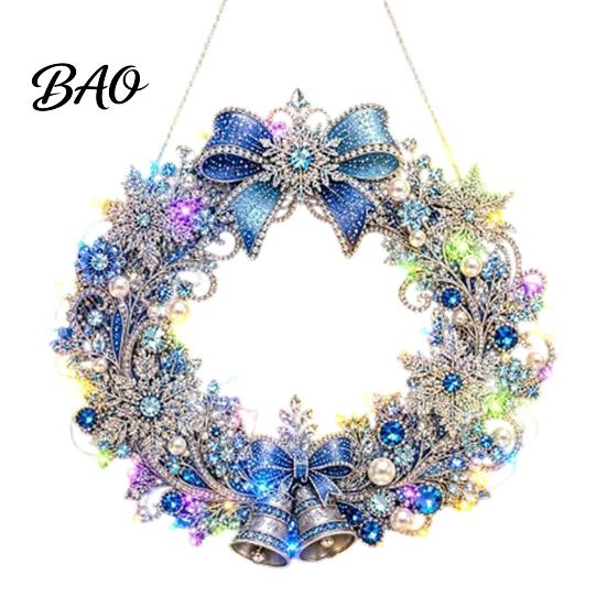 Festive Door Hanging Ornament DIY Acrylic Christmas Faux Pearl Art Kit, Lighted Wreath 3D Beaded Craft Mantelpiece Kit with LED String Light, Beginner
