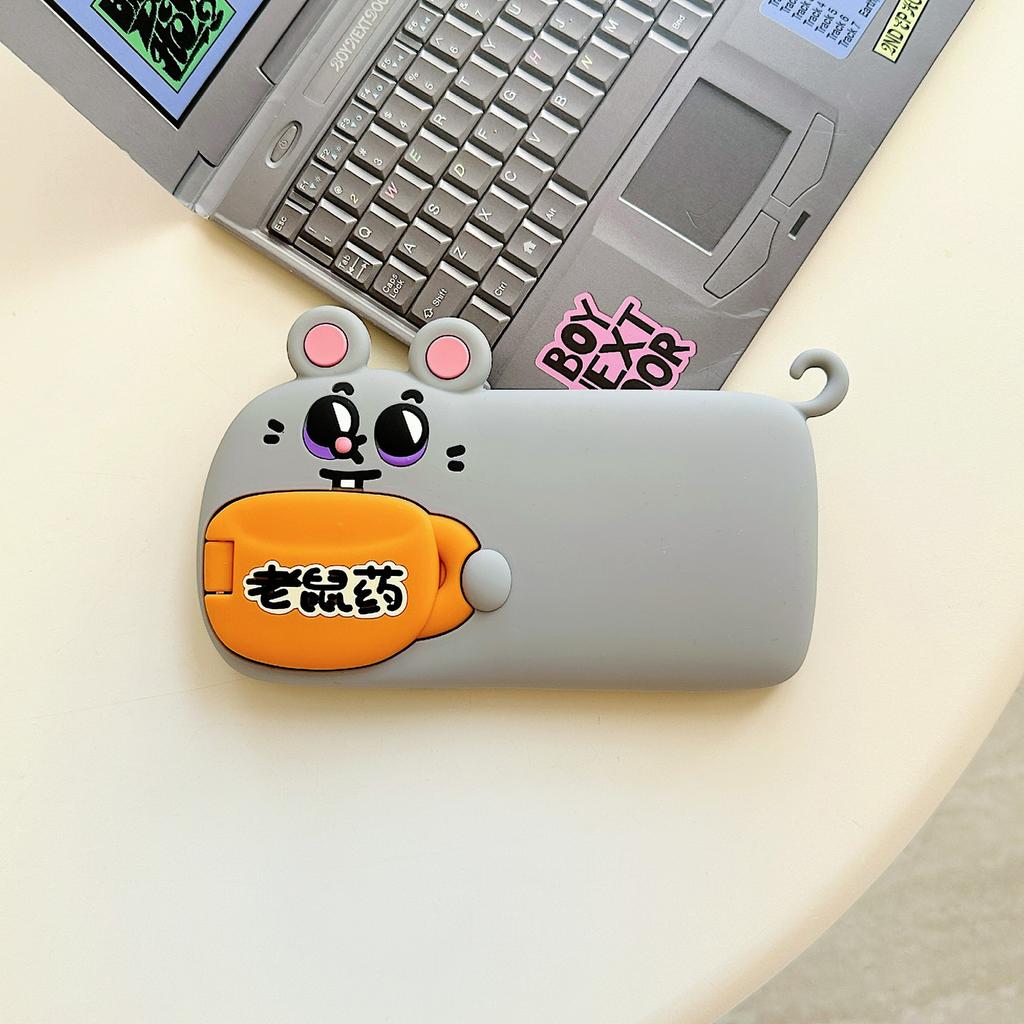 For iPhone 15 Silicone Case Cute Rat and Rat Poison Design Lens Cover Kickstand Phone Back Cover