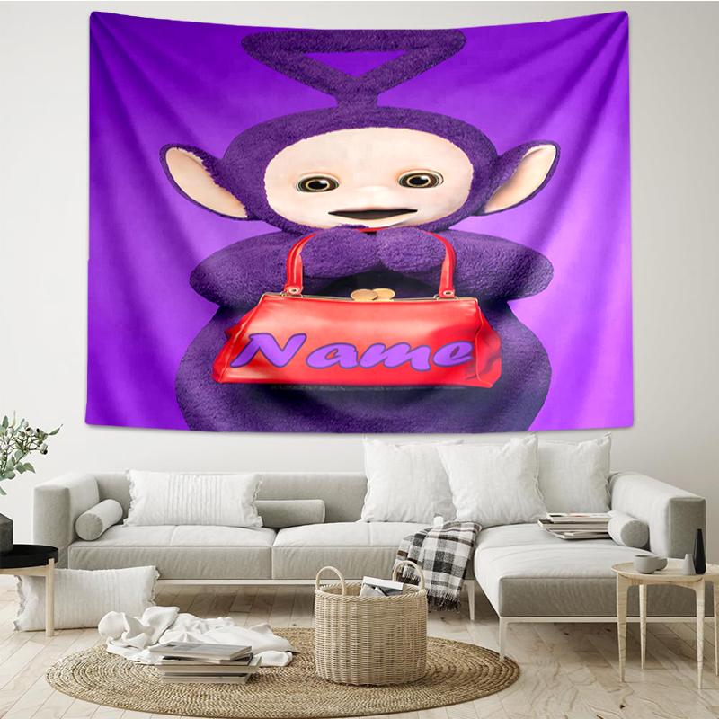 Custom Name Teletubbies Print Tapestry, Backdrop, Easy Setup, Ideal for Bedroom, Office & Living Room, with Aesthetic Wall Hanging Decor.