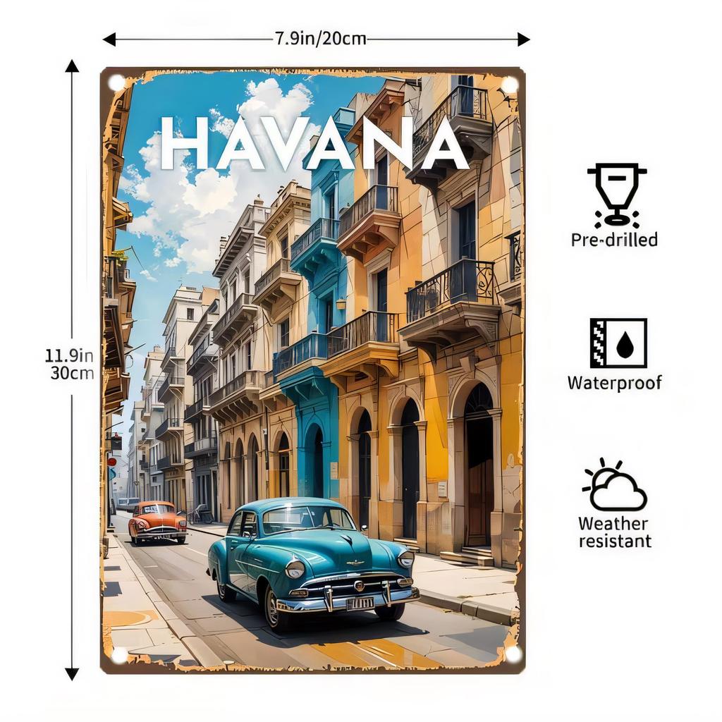 Жестяная табличка HAVANA Винтажный автомобиль Уличная сцена Металлическое настенное искусство Табличка xin Водонепроницаемый Устойчивый к погодным условиям Предварительно просверленные Отверстия для подвешивания Ретро