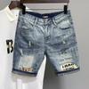European Fashion Ripped Denim Graffiti Shorts for Men - Slim, Straight, Heavy Washed