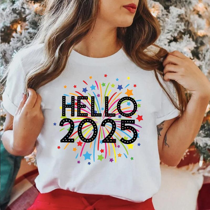 Футболки женские с принтом Hello 2025, модные, повседневные, с коротким рукавом и круглым вырезом, забавные, новогодние, женские топы, праздничные подарки на вечеринку, футболка