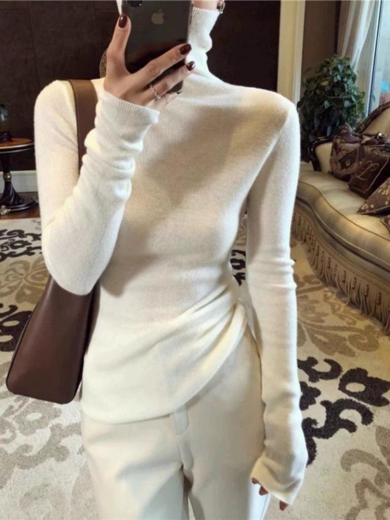 Women's White Slim Fit Turtleneck Sweater - Fashionable Knitted Autumn/Winter Top