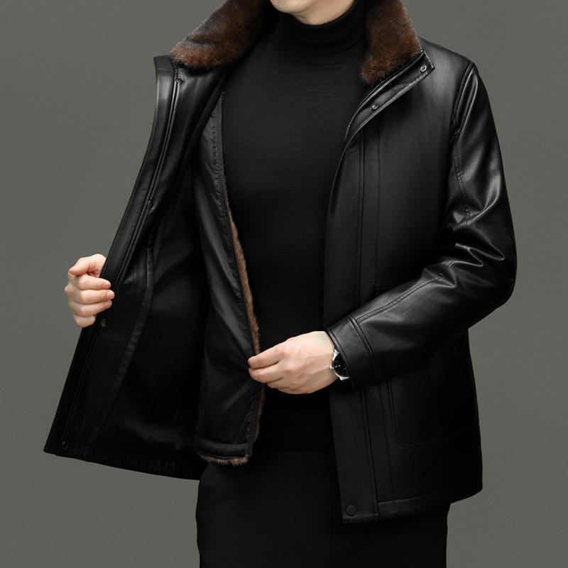 Зимняя мужская куртка из натуральной кожи, верхняя часть из бархатной овчины средней длины, теплая ветрозащитная куртка для папы среднего возраста
