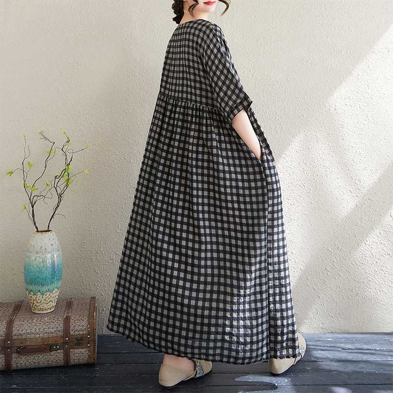Тонкий хлопок и лен Круглый вырез Короткий рукав Клетчатая Длинная юбка для женщин