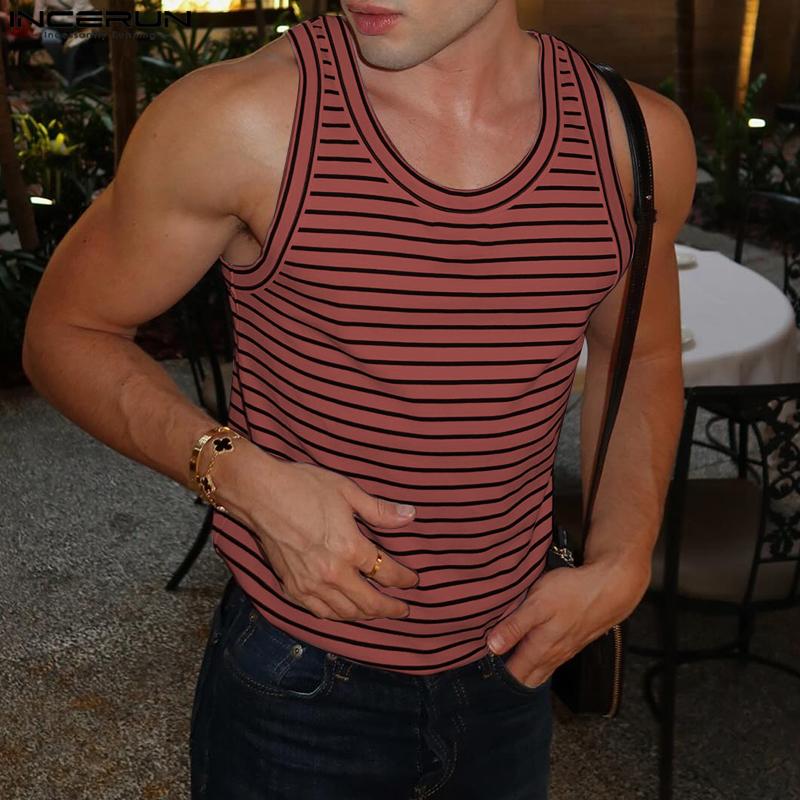 INCERUN Мужские майки без рукавов с полосатым принтом, повседневные, свободные