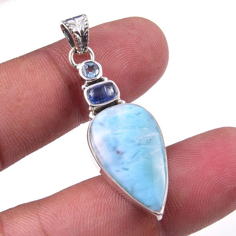Natural Republic Larimar, Kyanite 925 Solid Sterling Silver Pendant 2'' U7l32