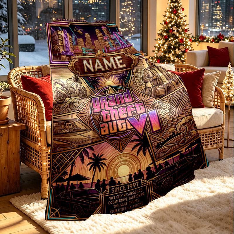 Custom Name Personalized Grand Theft Auto Print Blanket, Home Decor, Bedroom, Sofa, Camping, Couch, Gifts for Birthday Christmas