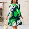 Women Plus Size Long Sleeve Round Neck Shamrock Printed Dark Green A Line Dress Gathered Waist Flared Hem