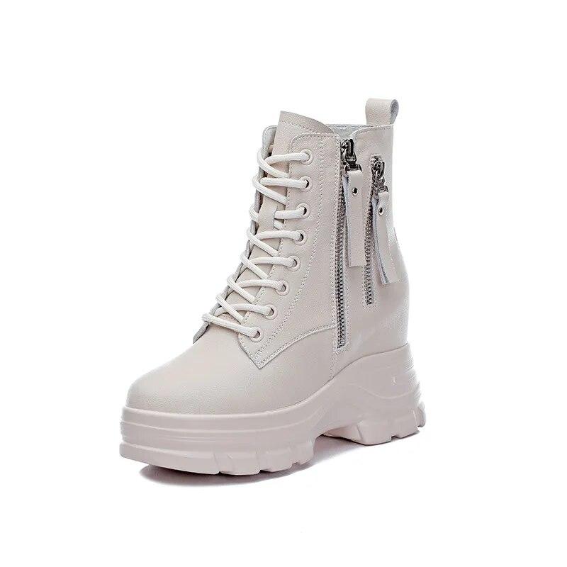 Весна Осень Обувь из Натуральной Кожи Женские Кроссовки Модная Женская Обувь Увеличение Роста 9см Черный Бежевый