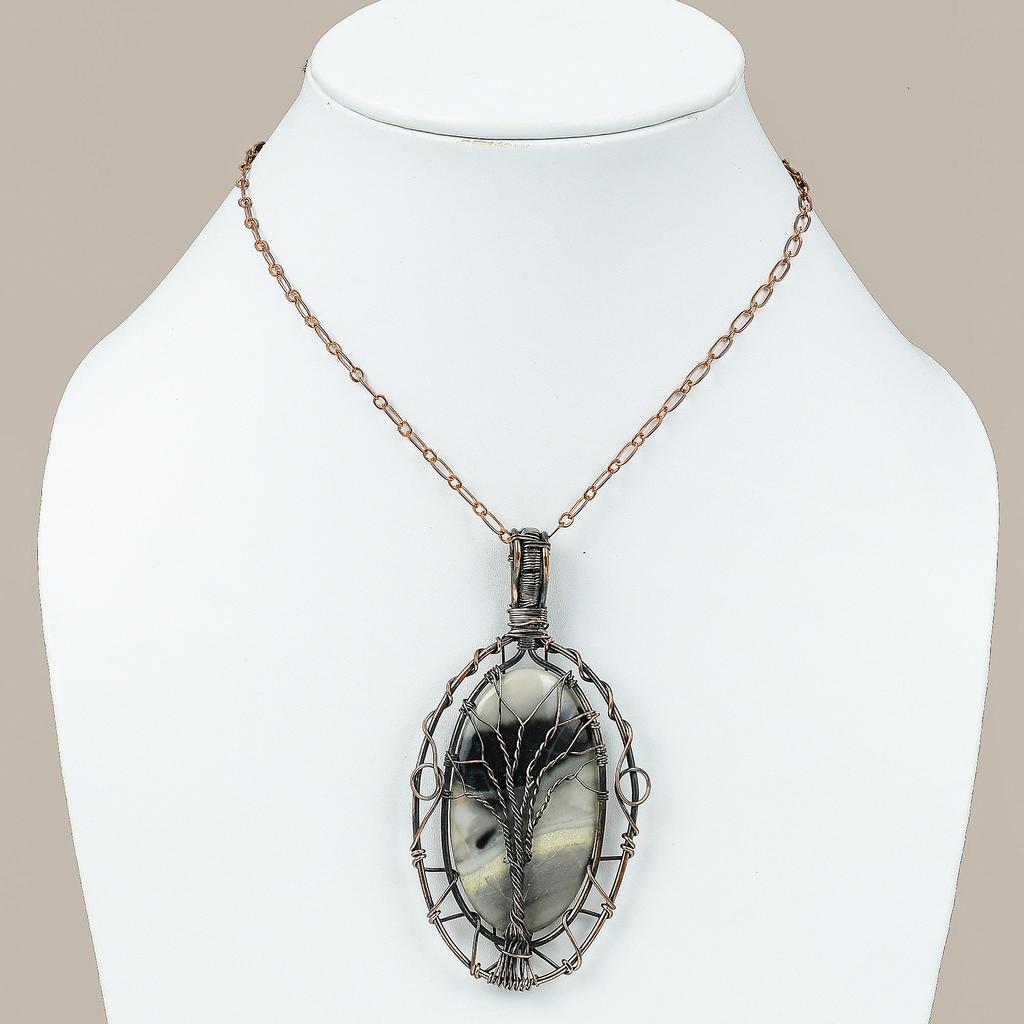 Fume Agate Handmade Copper Wire Wrap Tree Of Life Pendant 3.54" h1B59