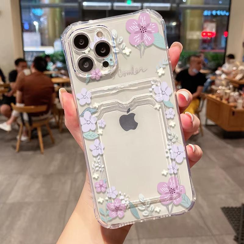 Soft Card Slot Bag Holder Phone Case For iPhone 17 Pro Max 11 13 15 12 14 16 Pro Max Plus 16e Aesthetic Flower Transparent Cover