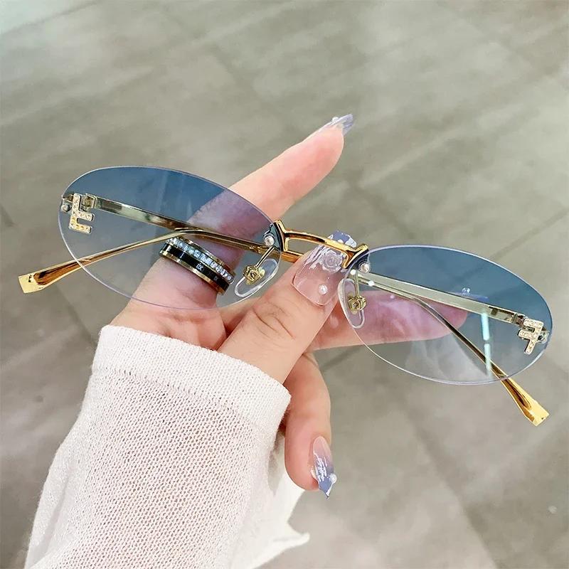 Модные овальные солнцезащитные очки Cat Eye для женщин, безободковые, для вождения, для улицы, для шопинга, защита от ультрафиолета UV400, винтажный дизайн с буквами