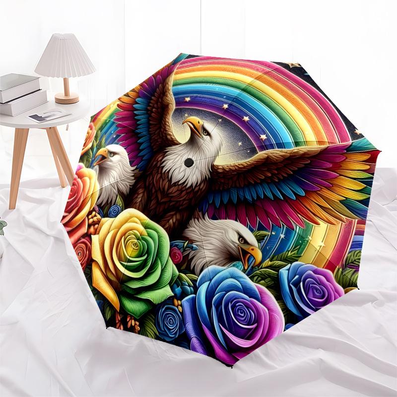1pc Eagle Rainbow Roses Fantasy Artwork Umbrella with Plastic Handle,Suitable for All Seasons Home Travel Outdoor UmbrellaDD1005