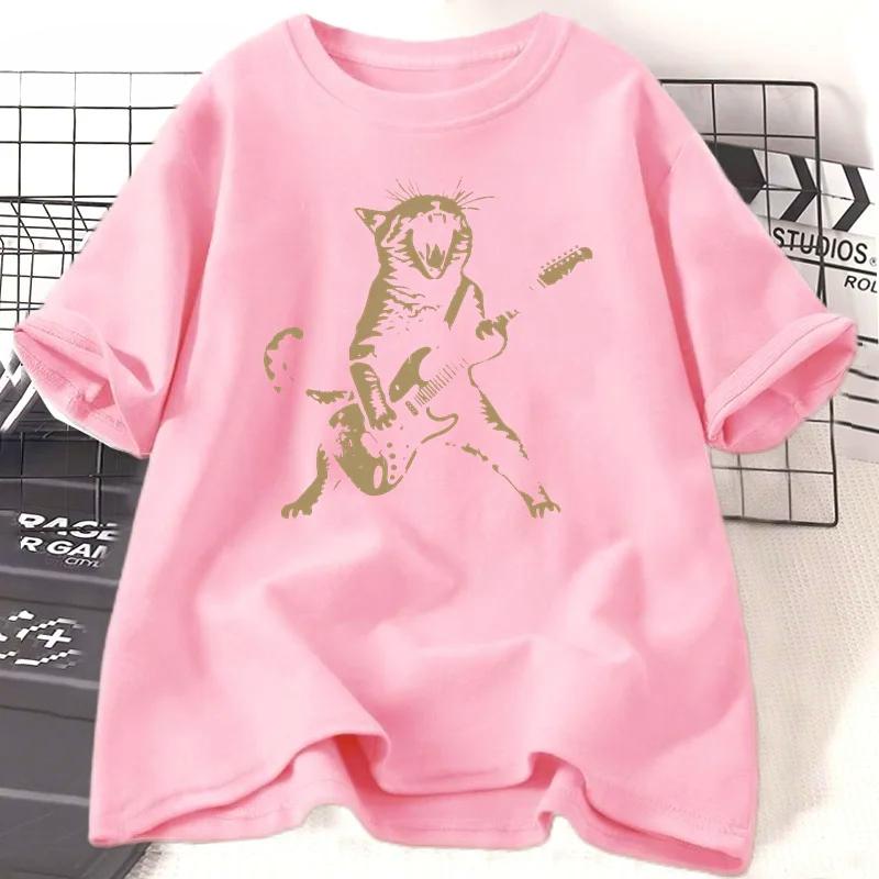 Рок-кот, играющий на гитаре, футболка женская мужская забавная футболка с котом-гитаристом повседневная футболка с коротким рукавом и круглым вырезом унисекс уличная одежда