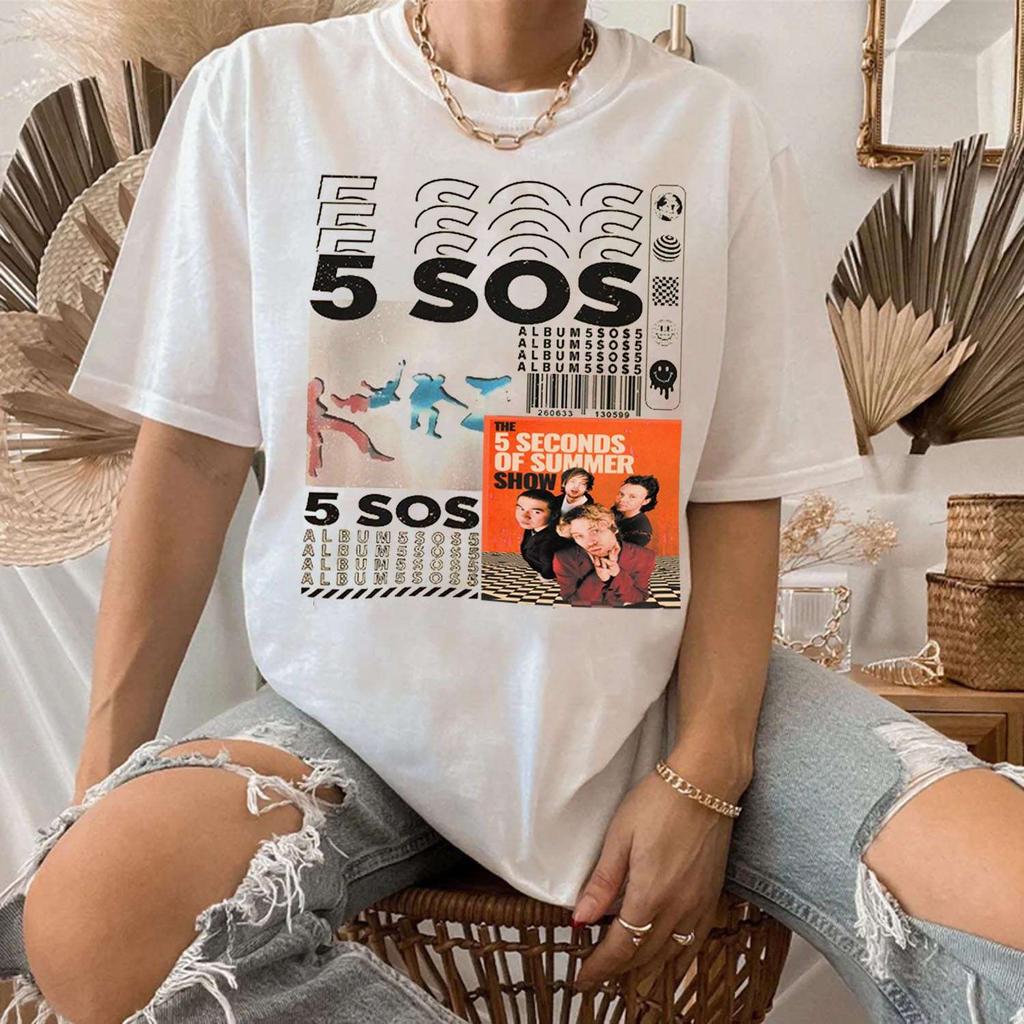 Y2k Fashion Trend Top Casual Loose Round Neck Short Sleeve Print Cotton Sports Street Wear Fan Gift Unisex 5sos Tour Tshirt
