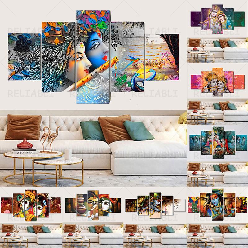 5 панелей абстрактный Господь Радха Кришна холст картины постеры и принты цифровая настенная художественная картина гостиная домашний декор без рамки