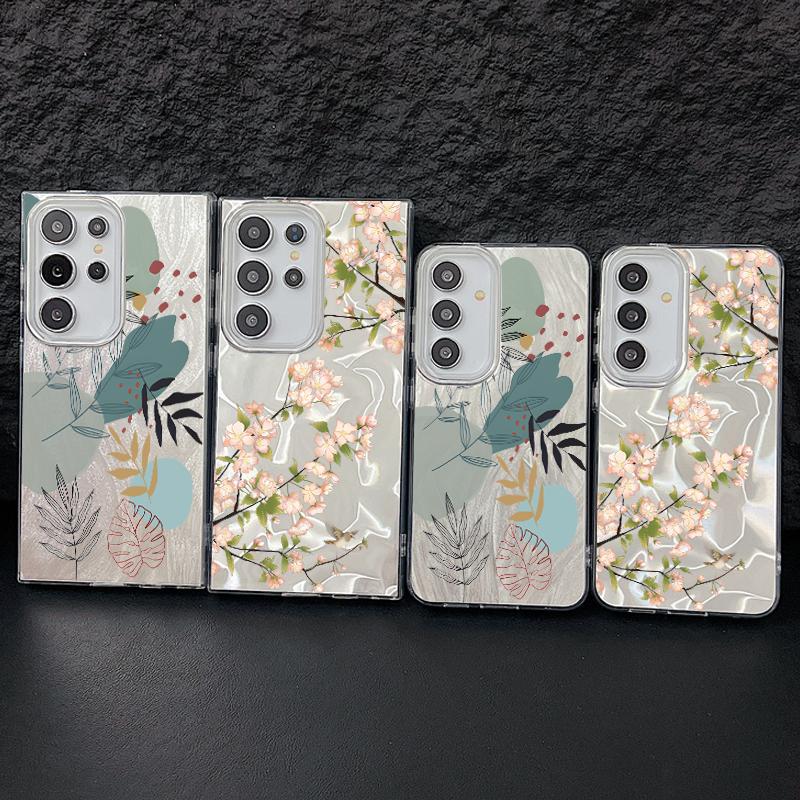 Цветочный узор блестящий тонкий жесткий чехол для задней панели из поликарбоната для Samsung S25 Ultra S24 FE S23 A36 A56 A16 A55 перо сверкающий ударопрочный чехол для телефона из ТПУ с мягким краем