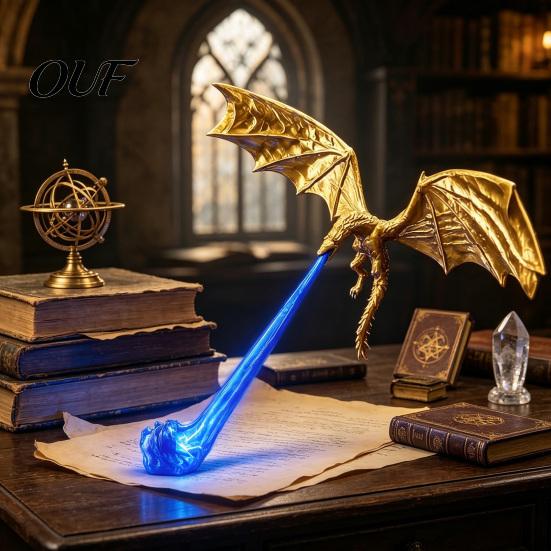 Durable PLA Dragon Model 3D Printed Fire-Breathing Bookshelf Decor, Fantasy Nook Light, Flying Figurine Theme Display with Flame, Halloween Shelf for