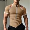 Summer Men Cutout Short Sleeve Stitching Zip-up Rib Casual Slim T-shirts Tops