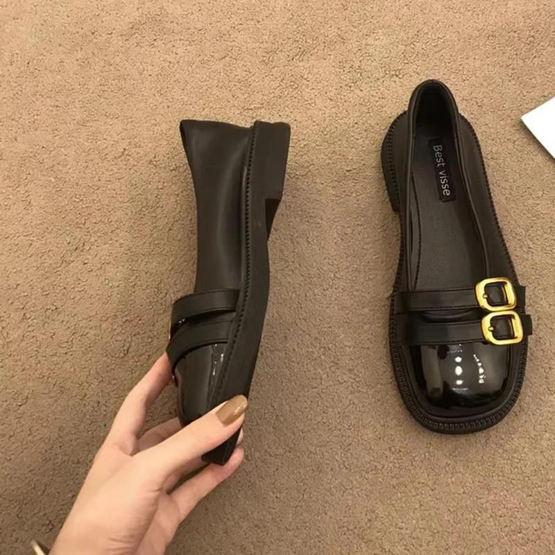 Модные винтажные лоферы с двойной пряжкой на низком каблуке для женщин 2025 весна пэчворк из искусственной кожи женские балетки