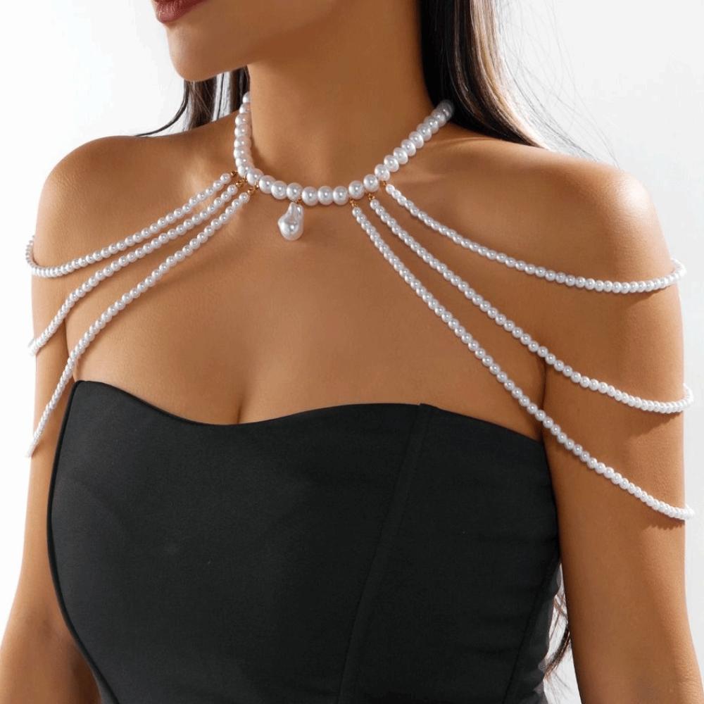 Multi Layer Imitation Pearl Shoulder Chain Beads Bridal Tassel Necklace Banquet Parties