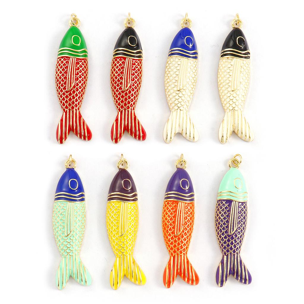 Doreen Box 1 PC Brass Fish Pendants 18K Gold Plated Enamel Fish Animal Ocean Jewelry Charms for Necklace Findings 5.6cm x 1.5cm