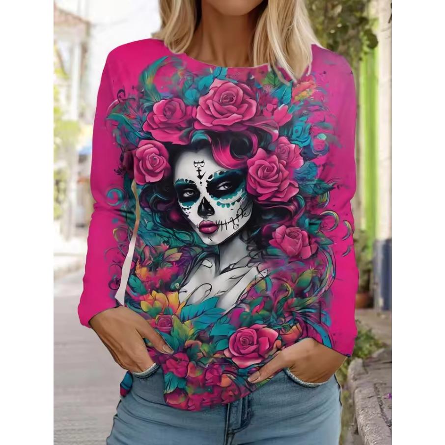Sugar Skull Pattern Womens Long Sleeve Shirt Day of the Dead Shirts Fashion 3D Printed Tops Summer Gothic Style Women's Clothing