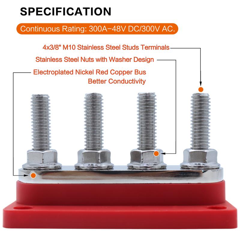 IZTOSS 12-48V 300A BusBar Copper Power Distribution Block 4XM8 (5/16")/M10 Terminals Studs with Cover Battery Bus Bar for Car RV
