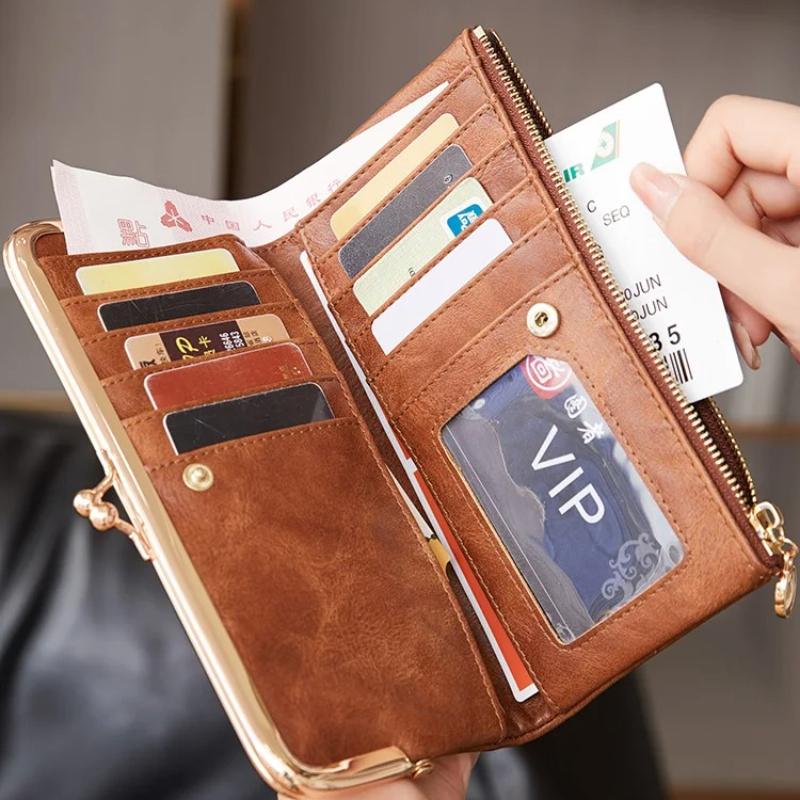 Ретро Женский Кошелек Однотонный Многофункциональный Длинный Кошелек Винтажный Клатч Кошелек для Монет Женский Держатель для Карт Кошелек на Молнии