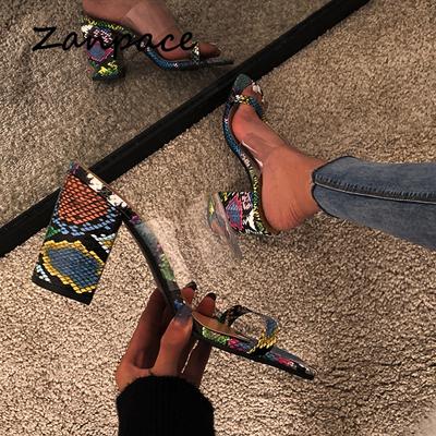 2024 Европейские женские сандалии с открытым носком, змеиный узор, квадратные, с толстыми женскими туфлями, летние супер каблуки, большой размер 42, сандалии для женщин