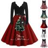 Женские рождественские повседневные модные винтажные платья с v-образным вырезом и длинными рукавами с принтом