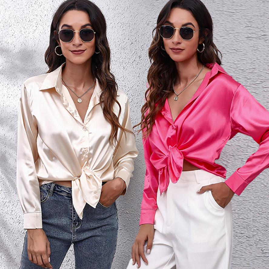 Весенне-осенняя атласная блузка из искусственного шелка, рубашка с длинными рукавами для женщин, однотонные черные, белые свободные топы больших размеров