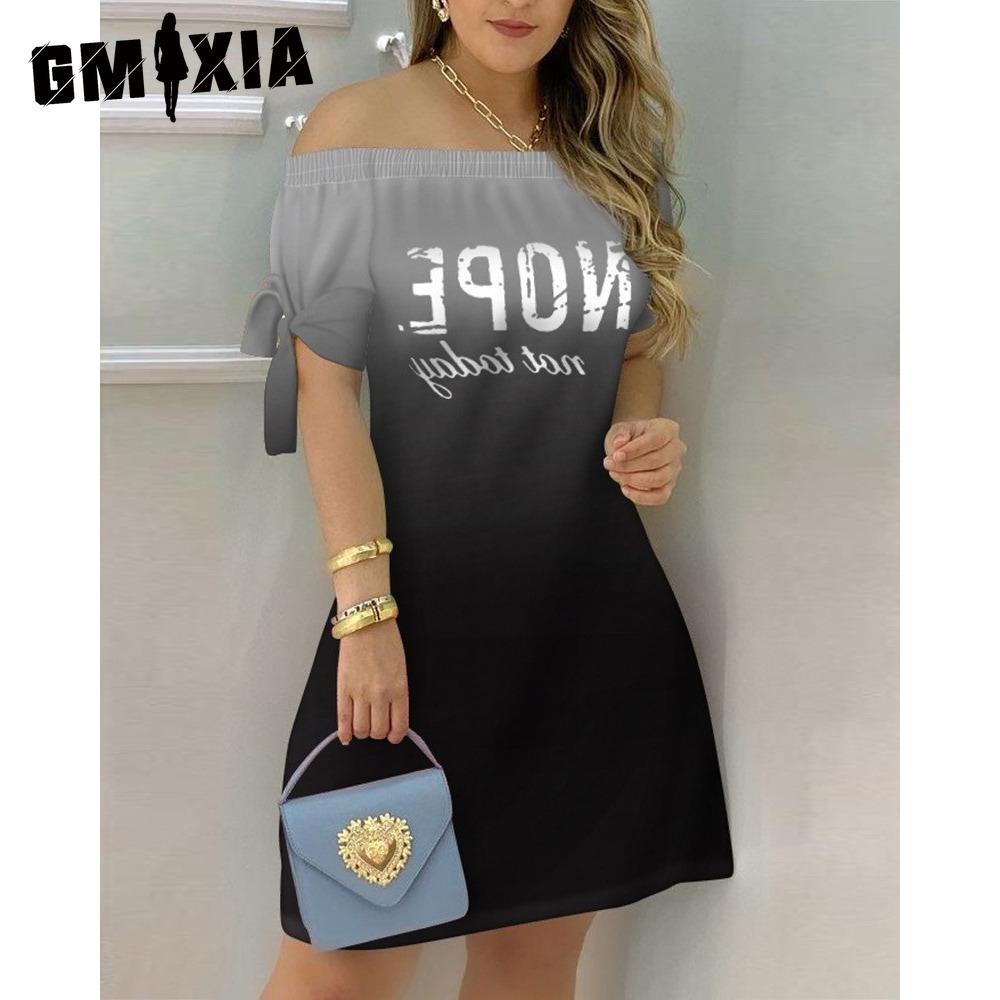 GMXIA Женское модное платье с открытыми плечами, короткие рукава, принт с бантом, летние пляжные платья больших размеров