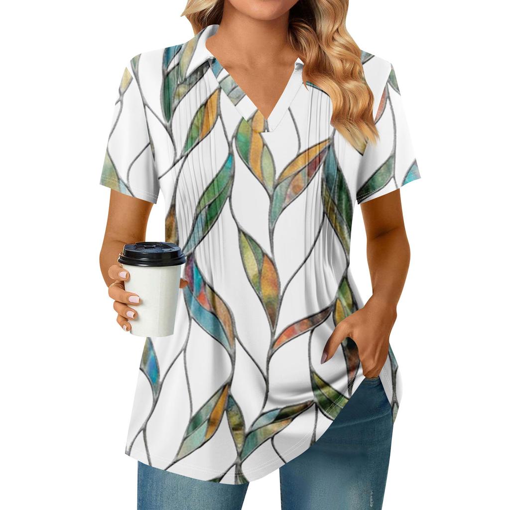 Женские футболки с коротким рукавом, плиссированные, с V-образным вырезом, с принтом, с воротником, летние топы, модные, деловые, повседневные, рабочие