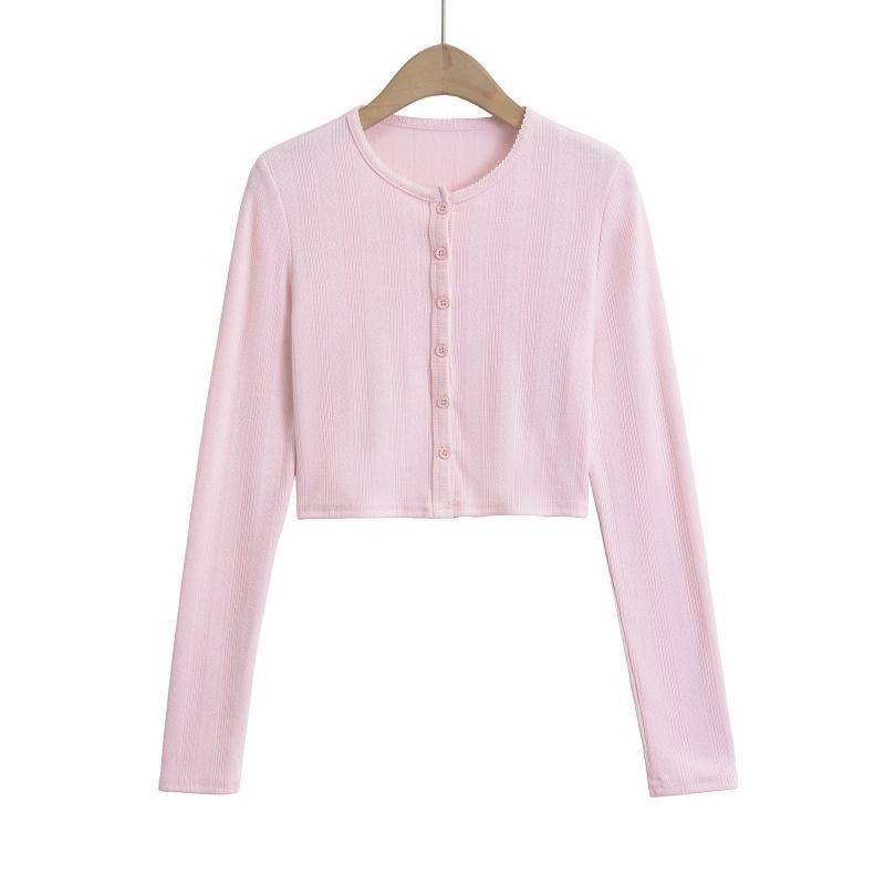 Spring new style six-button textured round-neck long-sleeve women's casual short knitted cardigan