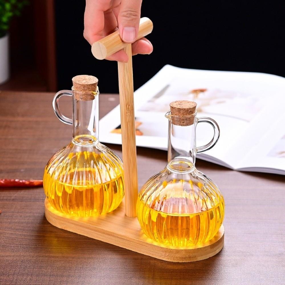 Transparent Bottle Liquid Seasoning Bottle Wooden Stand Sauce Vinegar Cruet Dining Table