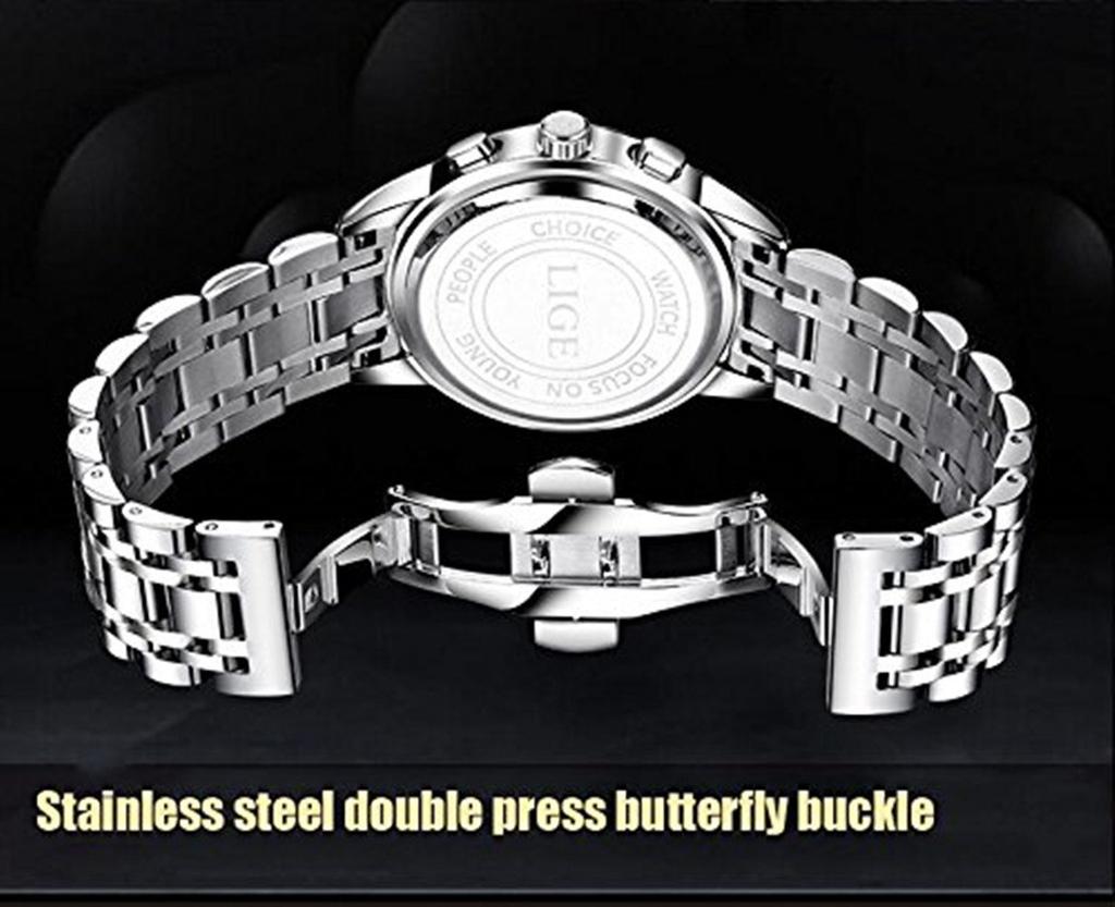 LIGE 9810 Часы Механизм Бизнес Водонепроницаемый Хронограф Полностью Стальной Кварцевый Светящийся Часы Золотые Белые Мужские