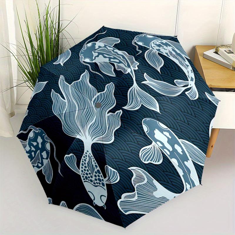 1pc Koi Pond Automatic Open/Close Umbrella with One-Touch Button, Compact Folding Canopy, Sturdy 8-Rib Windproof Design -073