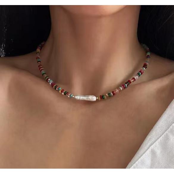 Bohemian abacus bead necklace, featuring colorful natural stones and Baroque freshwater pearls, a beaded choker necklace