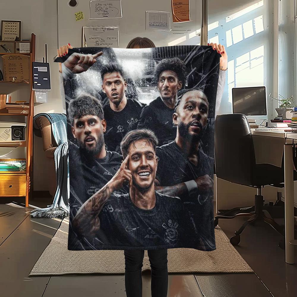 Football Stars Group Black White Poster Flannel Throw Blanket, Soft Warm Sofa Bed Cover, Soccer Fan Home Decor Blanket